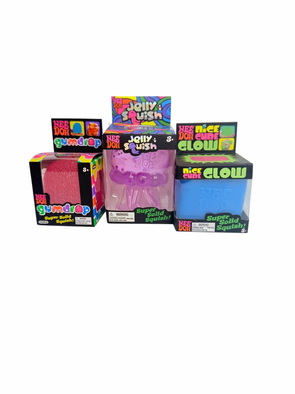NeeDoh gumdrop pink, NeeDoh jellyfish purple, and NeeDoh glow cube blue lot of 3